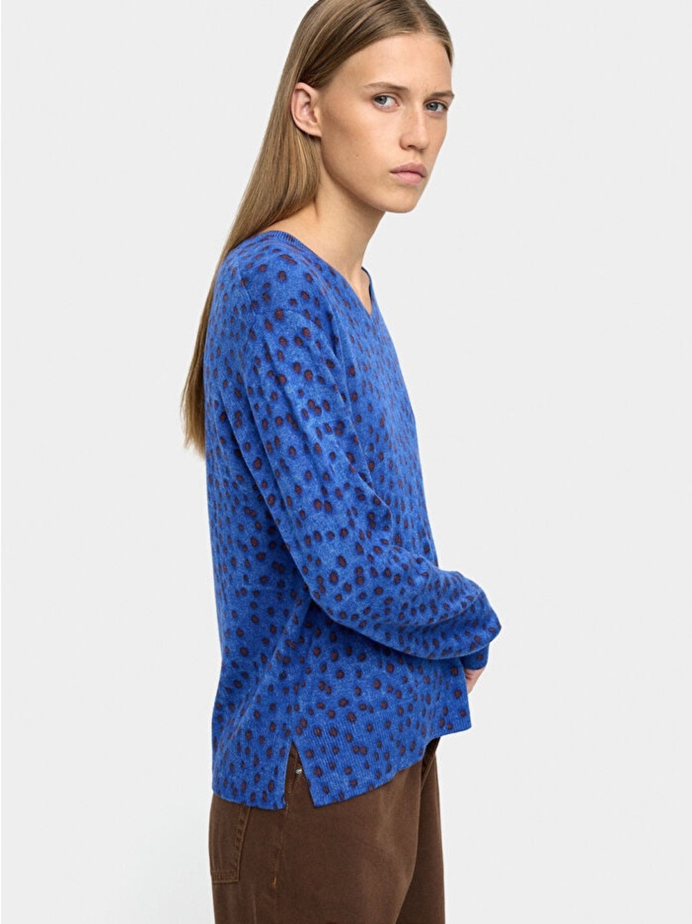 Parfois Blue & Red Dot Print Wool Blend V Neck Sweater XS S - Picture 2 of 6